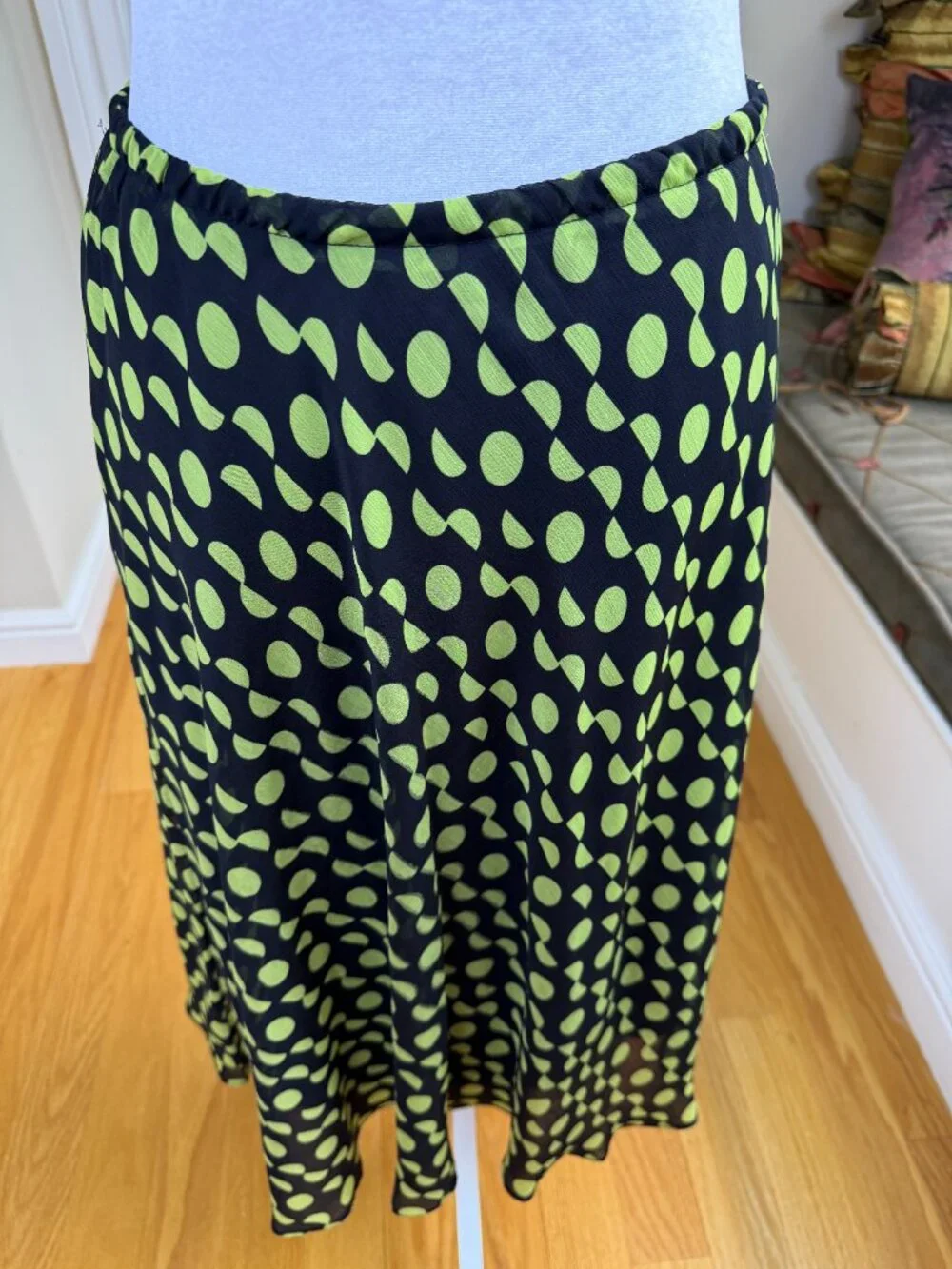 Polka Dot Midi Skirt Green Black Abstract Dots A-Line Flowy (8)